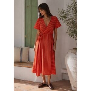 Ace & Jig Mila Dress Red Striped Woven Cotton Wrap Midi XS